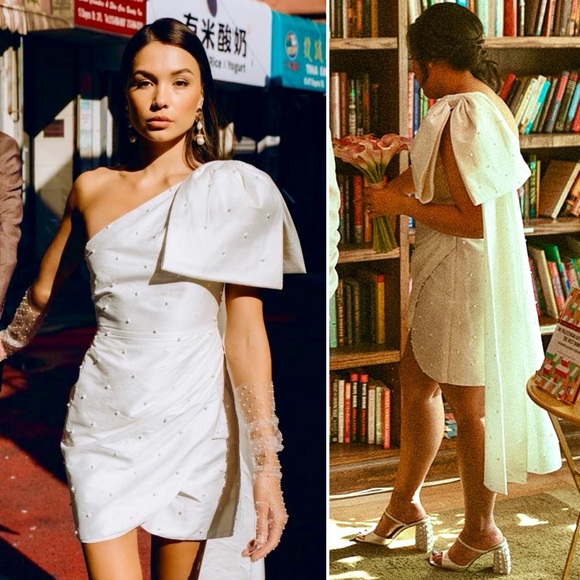 BHLDN Dresses & Skirts - BHLDN Pippa Pearl Bow One Shoulder Mini Dress Bridal Shower Reception 2 XS White